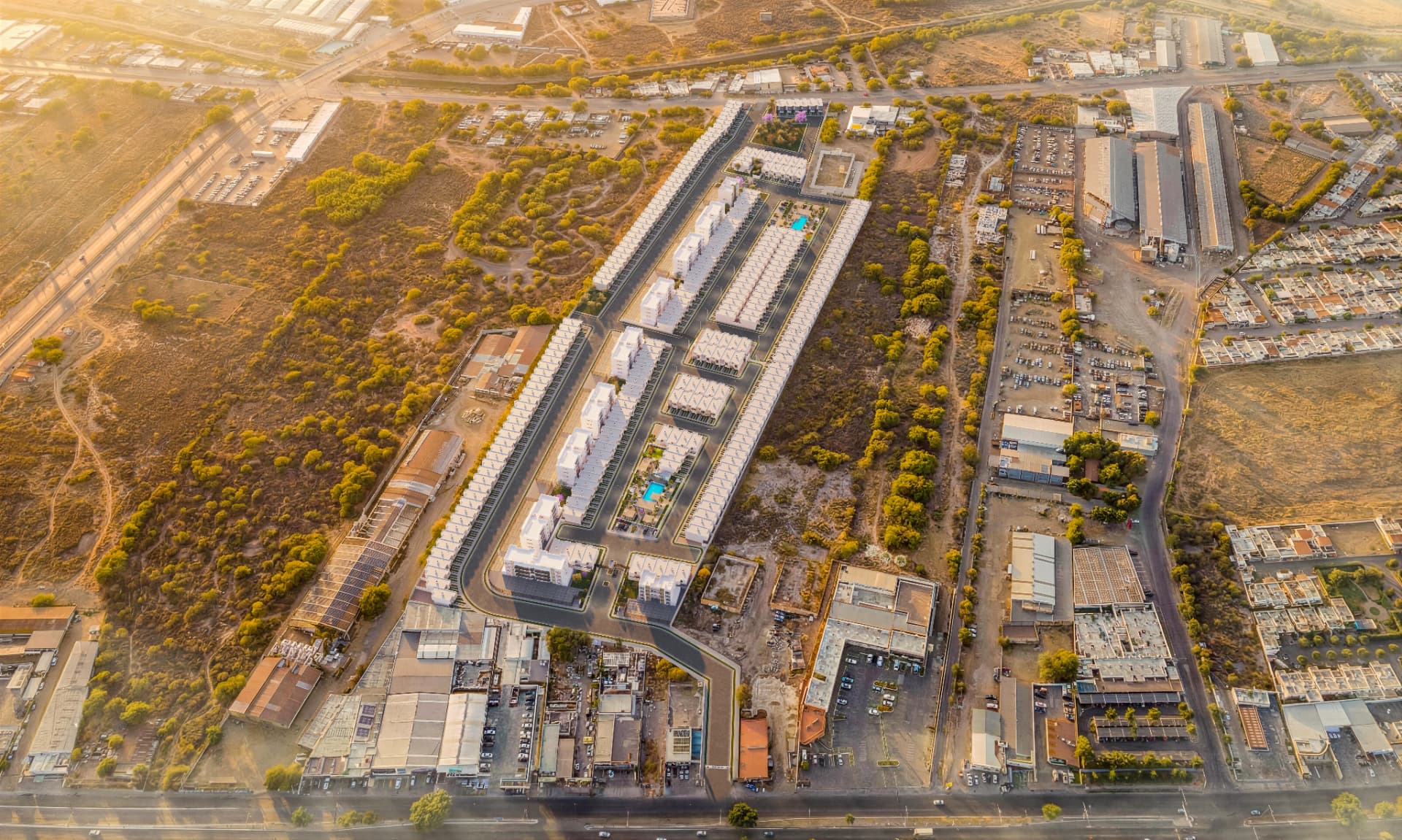 Vista aérea del conjunto residencial Almamía en Culiacán, Sinaloa